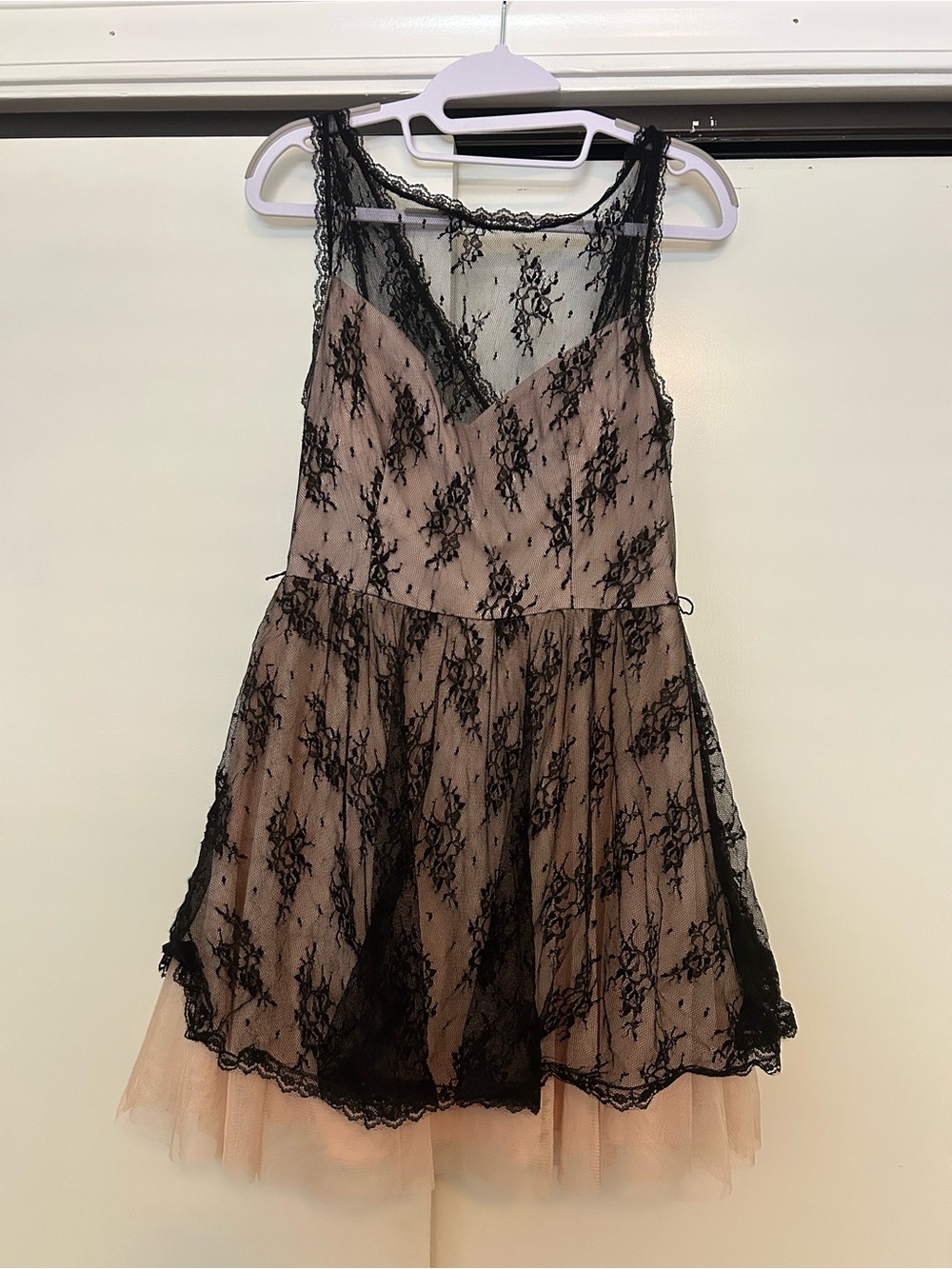 Sheer Black Lace Overlay Dress with Blush Base